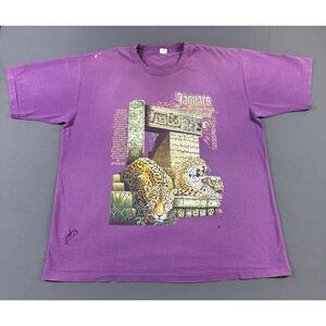 Rare Vintage 90s Jaguars Maya World Belize Animal Tee Single Stitch Art 2XL Fade